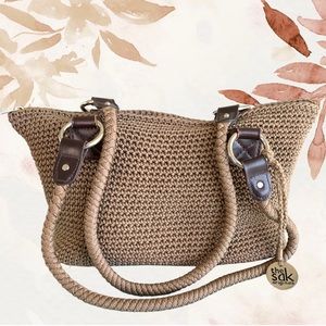 The Sak Tan Woven Satchel with Dark Brown Leather Trim